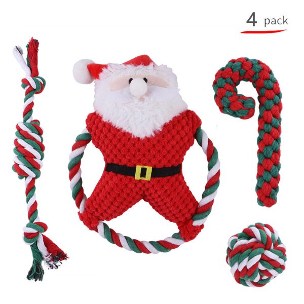 主图_02 Christmas Theme Pet Toys Set - Red Green White Rope Toys with Santa Plush Doll, Safe Chew Toys for Cats and Dogs